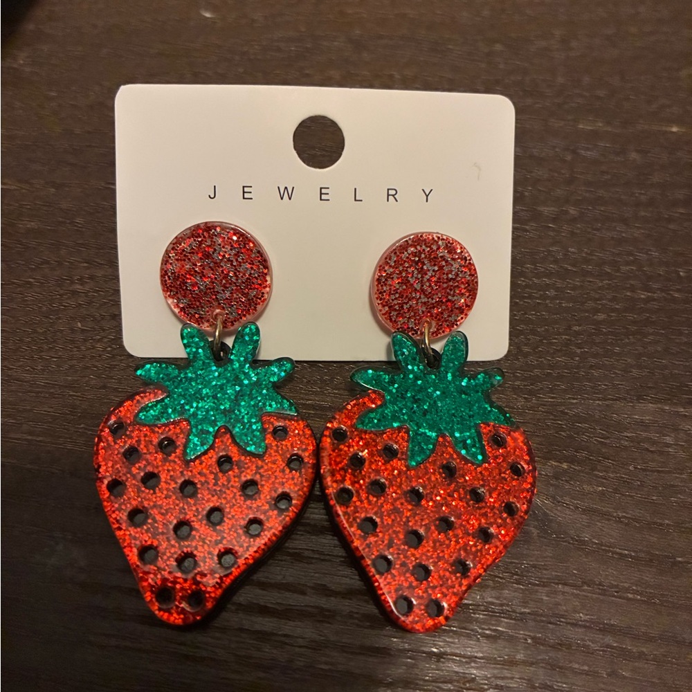 Glitter Strawberry Dangle Earrings - Red & Green